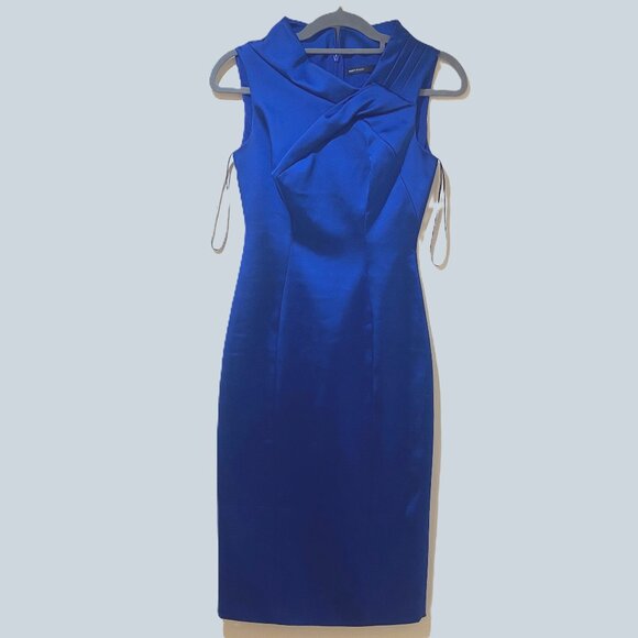 Stunning Karen Millen Electric Blue Satin Folded Collar Sleeveless Dress Size 4 - Picture 4 of 16